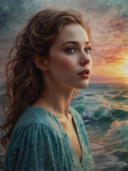 پرتره زن در کنار موج‌های دریا و غروب خورشید، فضای رمانتیک