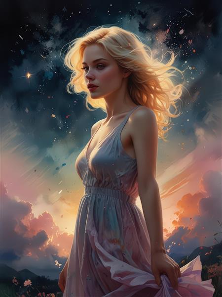 زن بلوند در دشت با لباس لخت و آسمان پر ستاره و ابری فانتزی