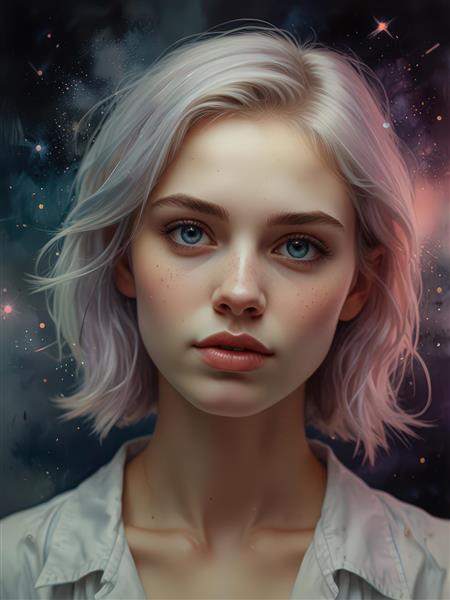 پرتره نزدیک زن با موی کوتاه بلوند و چشم‌های آبی در زمینه کیهانی