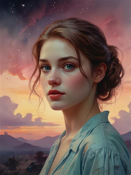 پرتره زن در غروب کوهستانی با نگاه عمیق و مدل موی جمع