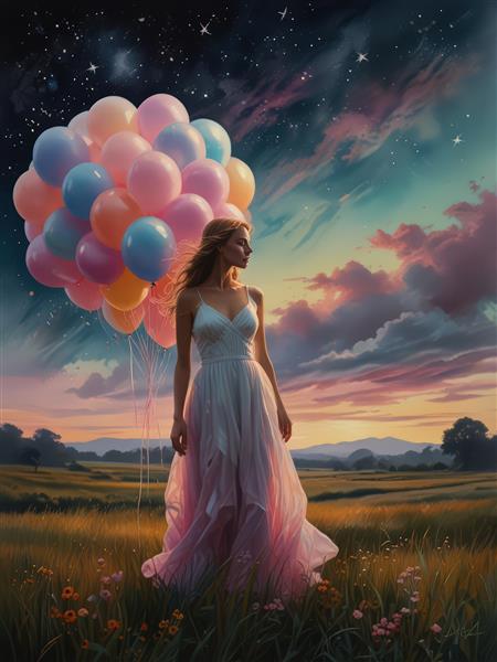 زن در دشت گل با بادکنک‌های رنگی زیر آسمان پرستاره غروب