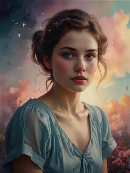 پرتره زن زیبا با مدل موی جمع در غروب رنگین و دشت گل