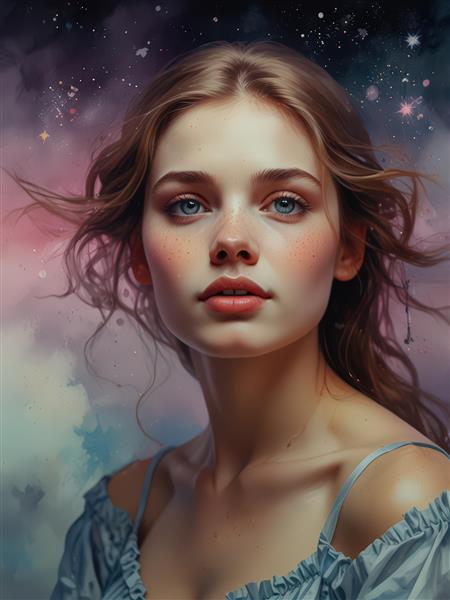 پرتره نزدیک زن با کک و مک در آسمان رنگارنگ و خیره‌کننده