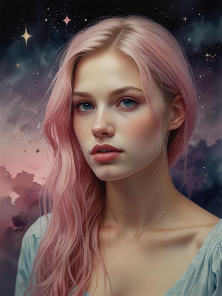 پرتره زن با موی صورتی بلند در زمینه آسمان پرستاره و فانتزی