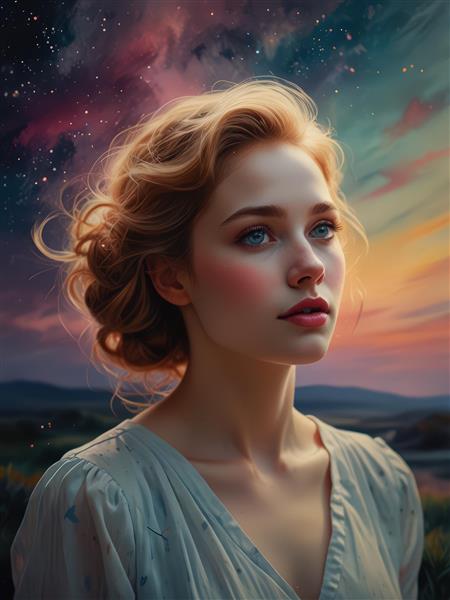 پرتره زن در دشت با آسمان شفق‌گون و ستاره‌ای، احساسی و عمیق