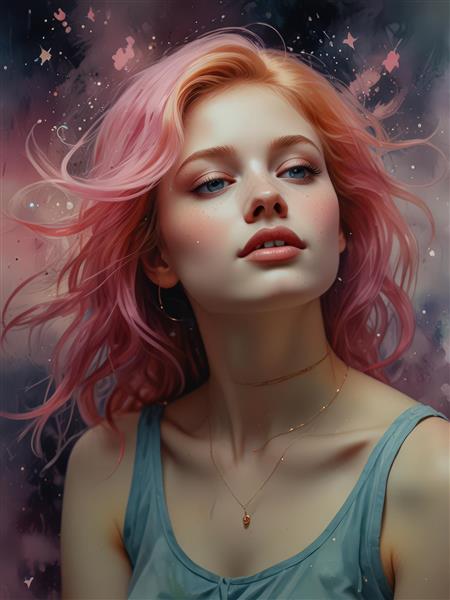 پرتره زن با موهای صورتی و پس‌زمینه کهکشانی، سبک فانتزی