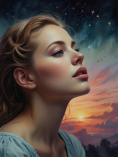 پرتره زن جوان در غروب جادویی و آسمان پرستاره، نگاهی رو به بالا