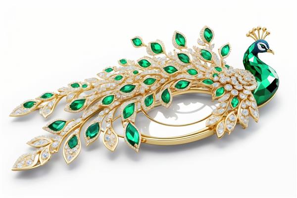 سنجاق سینه طاووس زمردی و طلایی، طراحی ظریف و پرزرق و برق