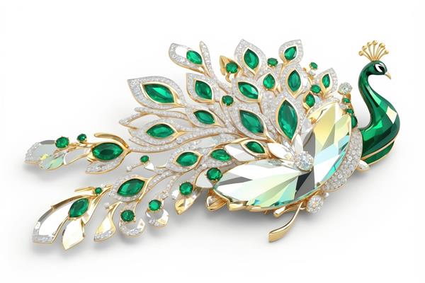 سنجاق سینه طاووس با کریستال بزرگ و الماس سبز و سفید