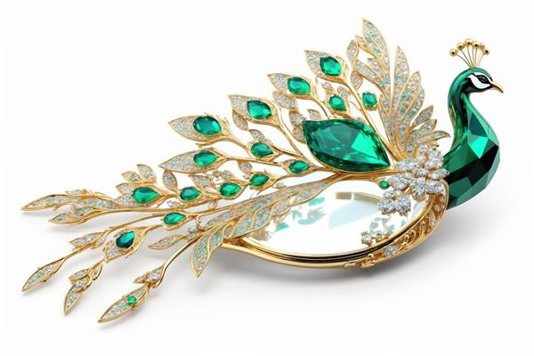 سنجاق سینه طاووس با کریستال زمرد و الماس بر روی سطح براق