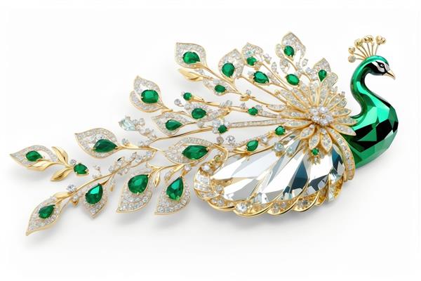 جواهر طاووس زمردی و الماسی روی پس‌زمینه سفید، طرح لوکس