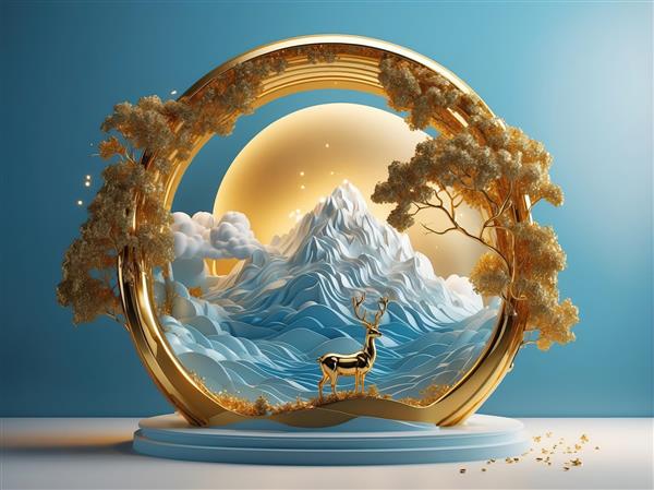 گوزن طلایی کوچک در قاب رینگ، موج‌های آبی و کوه برفی، دکور روز