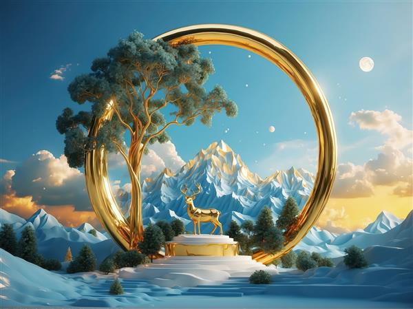 دکوراتیو گوزن طلایی در قاب رینگ، کوه برفی و درخت در روز آفتابی