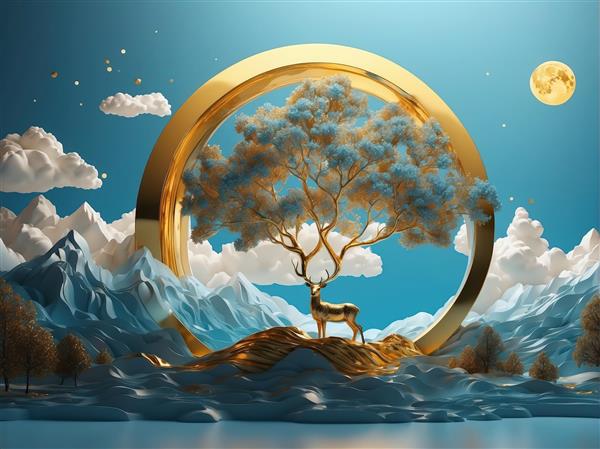 رینگ طلایی با درخت با شکوه در مرکز، گوزن و کوهستان برفی در روز