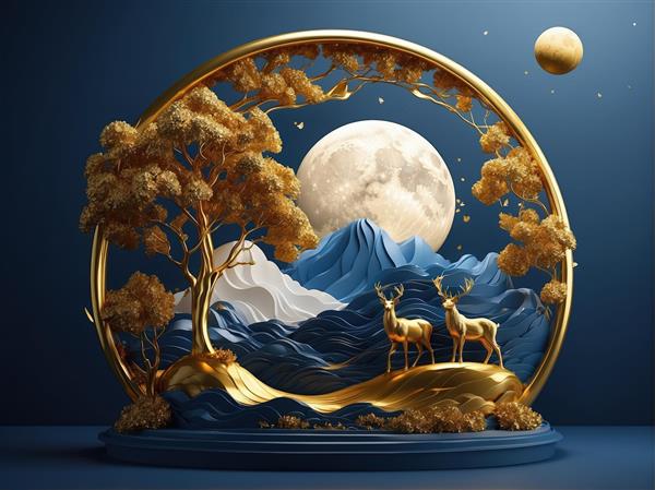 قاب طلایی با دو گوزن و ماه کامل در شب، طرح لوکس کوهستانی
