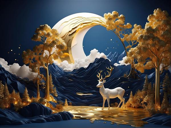 گوزن سفید و درختان طلایی در شب کوهستان و ماه سفید مجسمه‌ای