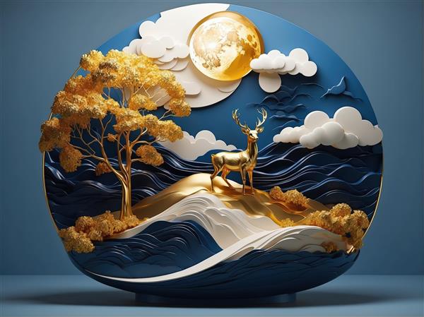 مینیاتور گوزن طلایی و درخت بر روی موج‌ها با ماه بزرگ، تم شبانه
