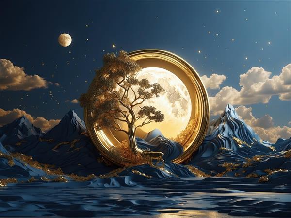 درخت بونسای طلایی و حلقه ماه کامل در منظره کوهستانی شب