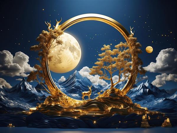 کوهستان سه‌بعدی و گوزن در حلقه طلایی، مهتاب و درختان طلایی