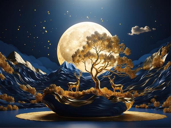 درخت طلایی و دو گوزن در جزیره فانتزی زیر نور ماه کامل