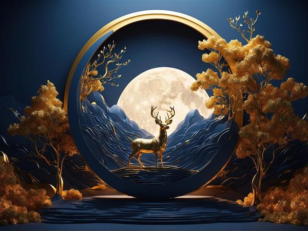 طرح دکوراتیو گوزن طلایی در قاب دایره‌ای دره و ماه کامل