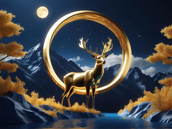 گوزن مجسمه‌ای طلایی در داخل حلقه رینگی با پس‌زمینه ماه کامل