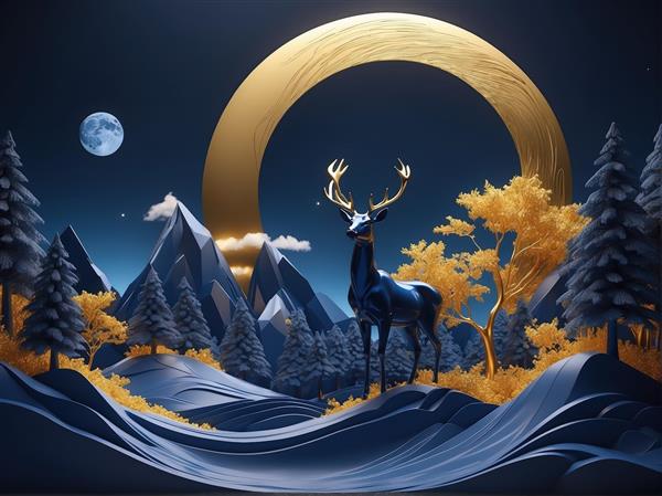 منظره فانتزی گوزن آبی و طلایی در کوهستان و جنگل مهتابی