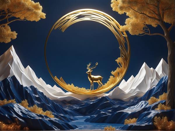 قاب طلایی و گوزن در شب کوهستان برفی، طرح لوکس دکوراتیو