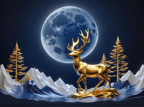 تصویر لوکس گوزن طلایی در برف و ماه آبی با تزیین درخت کاج