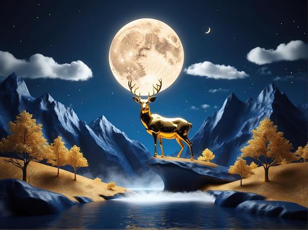 گوزن طلایی در مهتاب کامل، منظره شب کوهستان و رودخانه