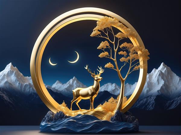 تندیس گوزن طلایی در حلقه فلزی در شب کوهستان برفی