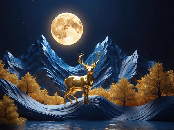 گوزن طلایی بر روی تپه‌های آبی، منظره کوهستانی در شب با ماه کامل بزرگ