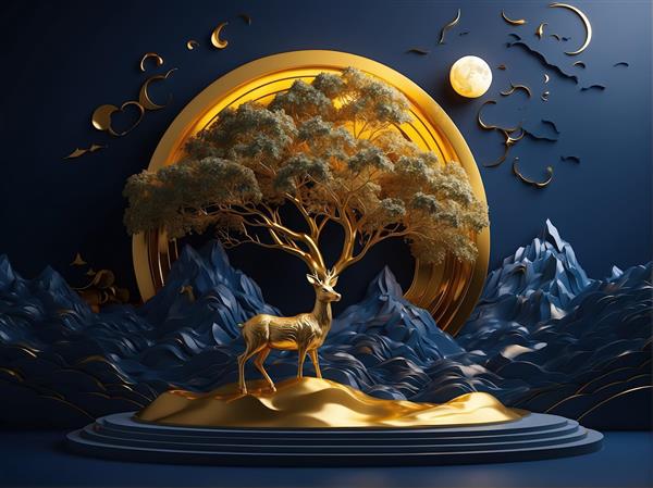 گوزن طلایی زیر درخت و ماه در قاب دایره‌ای، منظره کوهستانی سه بعدی فاخر