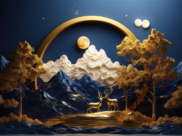 دو گوزن طلایی در مهتاب با کوه‌های برجسته و قاب طلایی، رندر لوکس