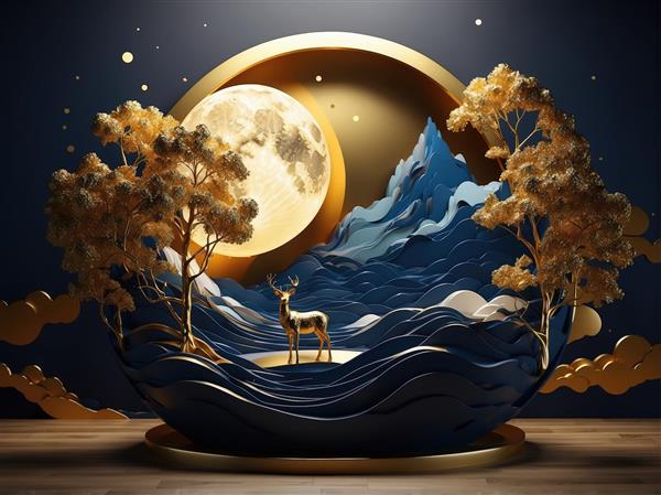 گوزن طلایی و ماه بزرگ در گوی شیشه‌ای با موج‌های آبی، اثر سه بعدی چینی جدید