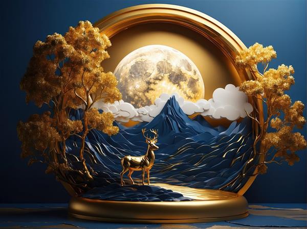 گوزن طلایی زیر ماه کامل در گوی شیشه‌ای، منظره کوه و آب با سبک سه بعدی لوکس