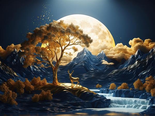 درخت طلایی و گوزن زیر ماه کامل بر روی صخره، منظره شب و آبشار سه بعدی