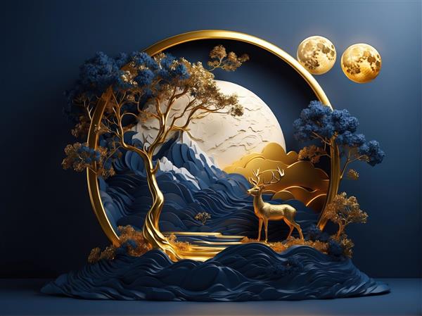 گوزن طلایی در قاب دایره‌ای با ماه و کوه‌های آبی، تصویرسازی لوکس سه بعدی
