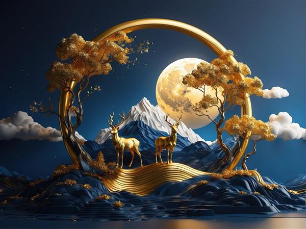 دو گوزن طلایی زیر ماه کامل و درختان، اثر هنری سه بعدی با قاب دایره‌ای در شب