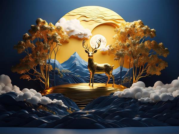 جلوه طلایی از گوزن در جنگل شب، رندر سه بعدی با ماه در قاب دایره‌ای