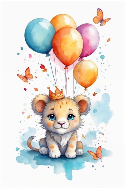 بچه شیر تاج‌دار با چهار بادکنک و پروانه‌های نارنجی، تصویر آبرنگ جشن تولد زیبا