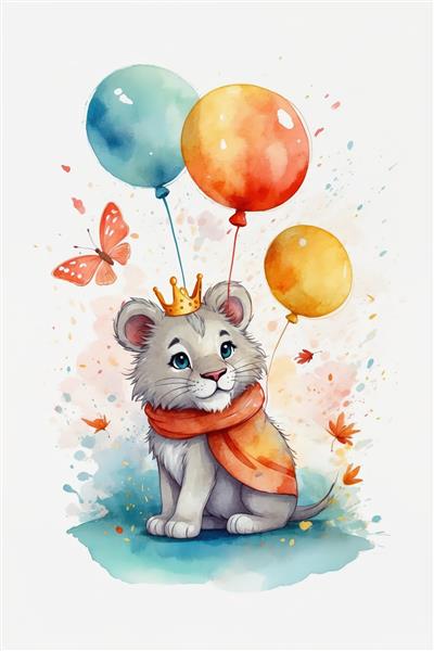 بچه شیر خاکستری تاج‌دار با شنل نارنجی و بادکنک، نقاشی آبرنگ برای پوستر
