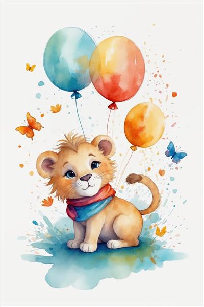 بچه شیر با شال آبی و صورتی و بادکنک، تصویرسازی آبرنگ تولد کودکانه