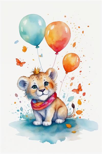 بچه شیر تاج‌دار با شال و بادکنک، نقاشی آبرنگ پاییزی با رنگ‌های گرم و پروانه