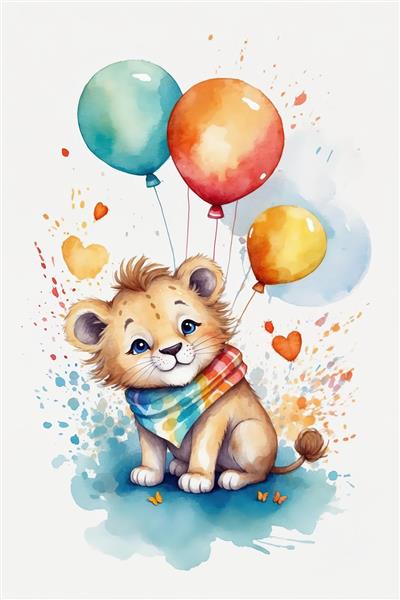 بچه شیر با شال رنگین‌کمان و بادکنک، طرح آبرنگ با تزئین قلب برای دکوراسیون