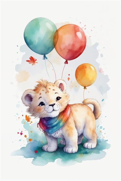 بچه شیر ایستاده با شال رنگین‌کمان و بادکنک، نقاشی آبرنگ شاد و باکیفیت