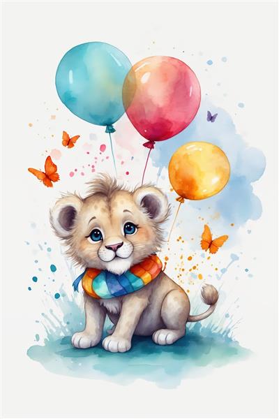 بچه شیر بامزه با شال رنگین‌کمان و بادکنک، تصویرسازی آبرنگ برای پوستر تولد