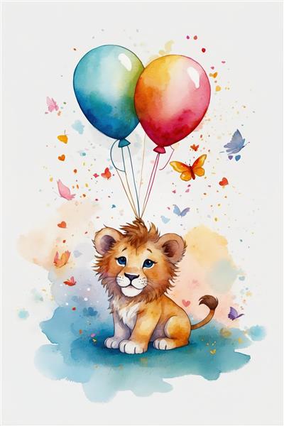 بچه شیر با بادکنک‌های رنگارنگ و قلب‌های کوچک، نقاشی آبرنگ رمانتیک و کودکانه