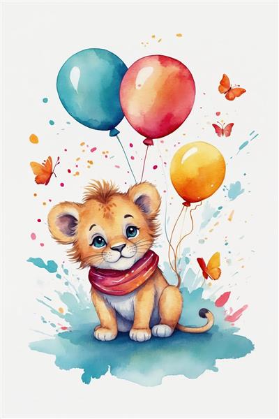 بچه شیر کوچک با شال صورتی و بادکنک‌های رنگی، تصویرسازی آبرنگ پروانه و جشن