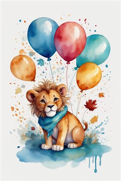 بچه شیر با شال گردن آبی و بادکنک‌های جشن، نقاشی آبرنگ پاییزی برای دکوراسیون اتاق کودک
